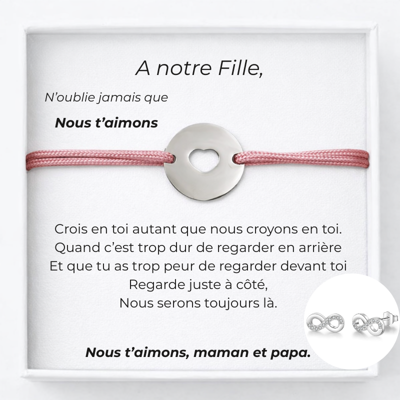 Bracelet Pour Notre Fille Ajustable Personnalisé Rose Porté + Carte pour Notre Fille + Boucles d'Oreilles assorties