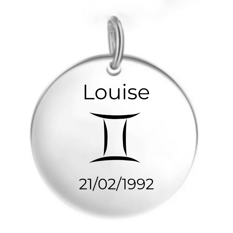 Pendentif Gémeaux personnalisé avec prénom et date de naissance gravés - Les Bijoux de Marilou