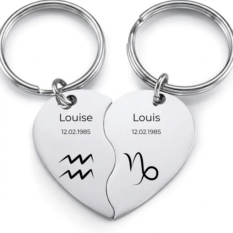 Porte-clef signe astrologique compatibilité : duo cœur gravé prénoms, dates et signes