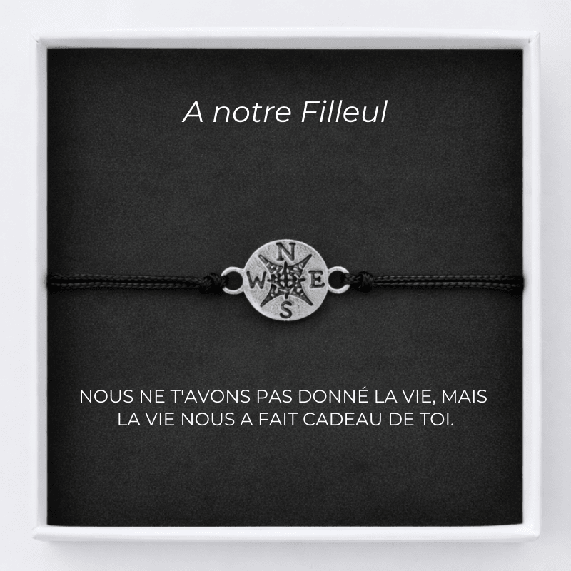 Bracelet filleul ajustable médaillon rose des vents sur carte A notre Filleul de la part du parrain - Les Bijoux de Marilou