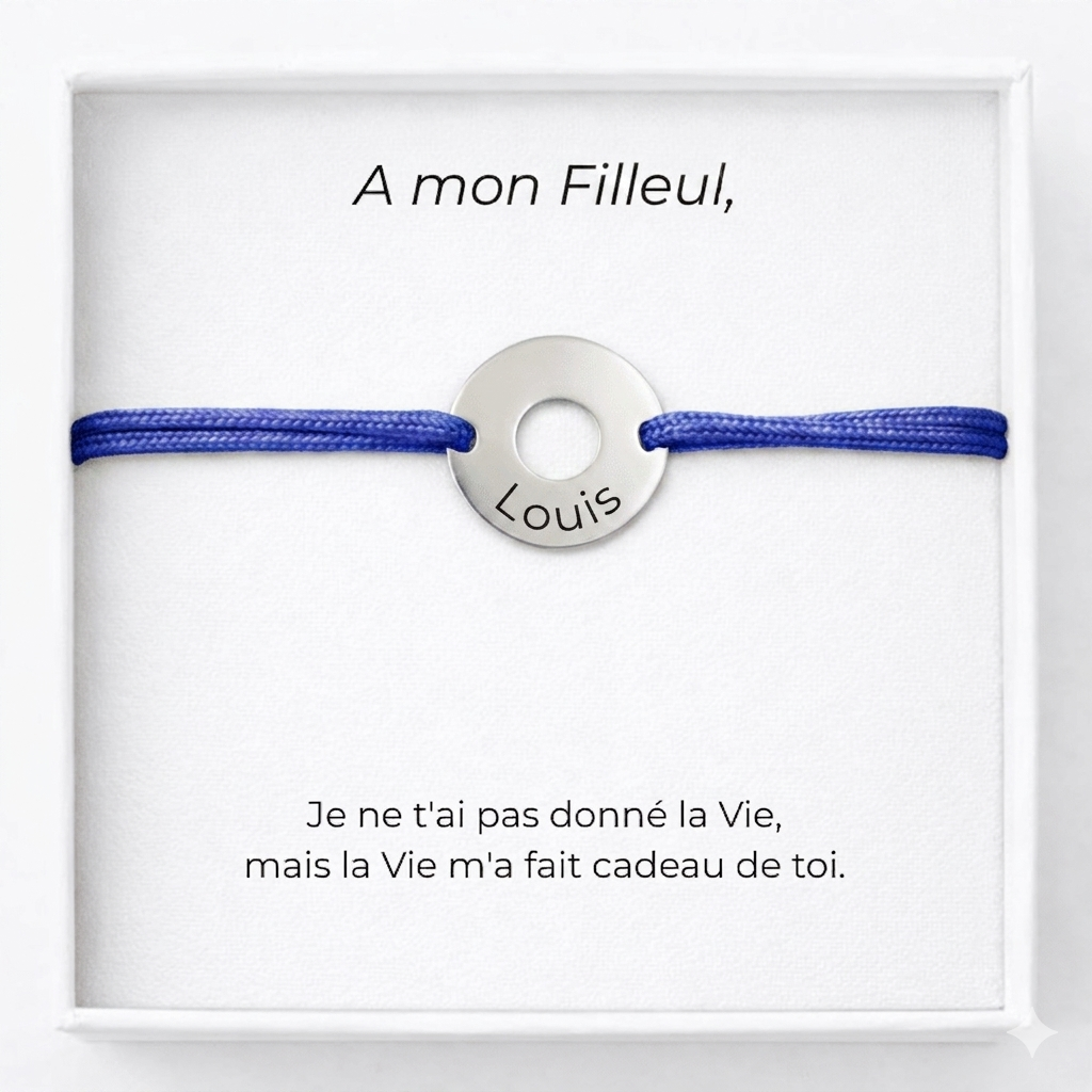Bracelet filleul ajustable personnalisé au prénom gravé sur médaille ronde avec carte message
