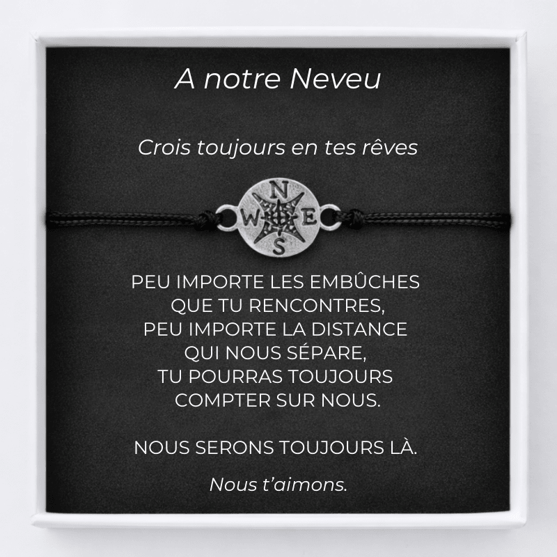 Bracelet neveu avec carte gravée « A notre Neveu — Crois toujours en tes rêves » et médaille rose des vents