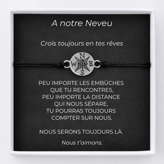 Bracelet neveu avec carte gravée « A notre Neveu — Crois toujours en tes rêves » et médaille rose des vents