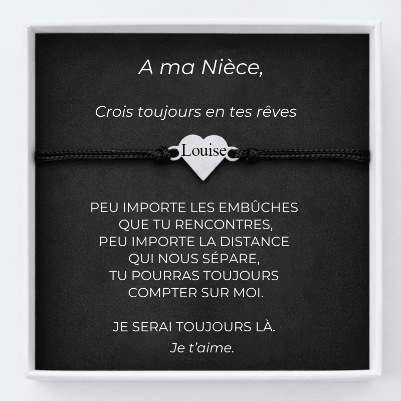 Bracelet nièce cordon noir avec cœur acier gravé Louise, sur carte A ma Nièce dans son coffret