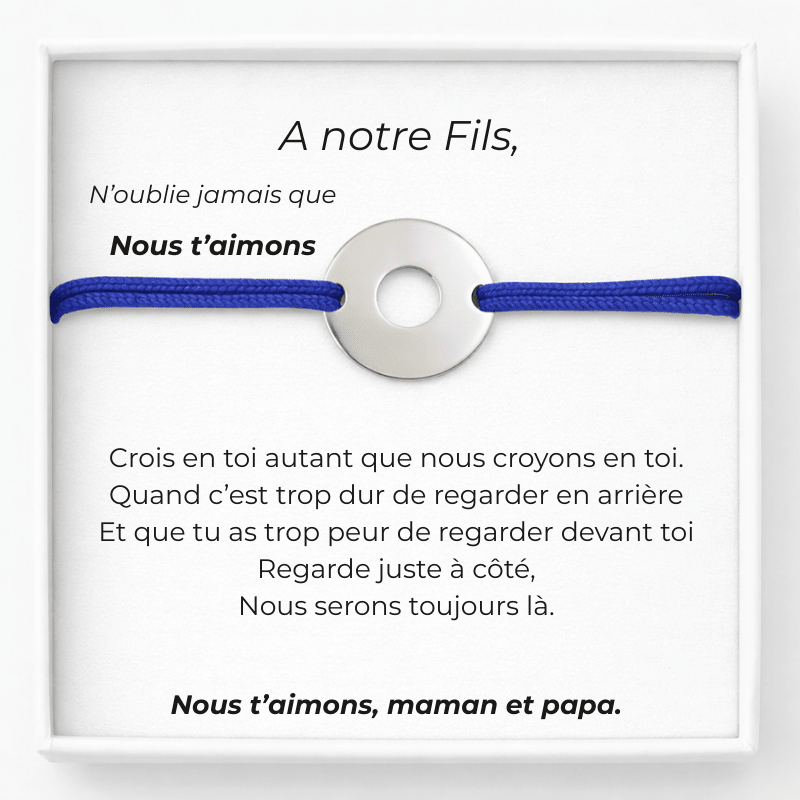 Bracelet cordon bleu pour notre fils avec carte Maman et Papa - Les Bijoux de Marilou