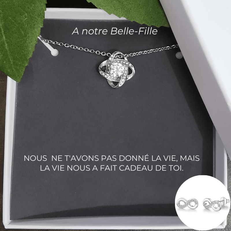 Parure belle-fille collier nœud trèfle et boucles d'oreilles infinies assorties, carte A notre Belle-Fille