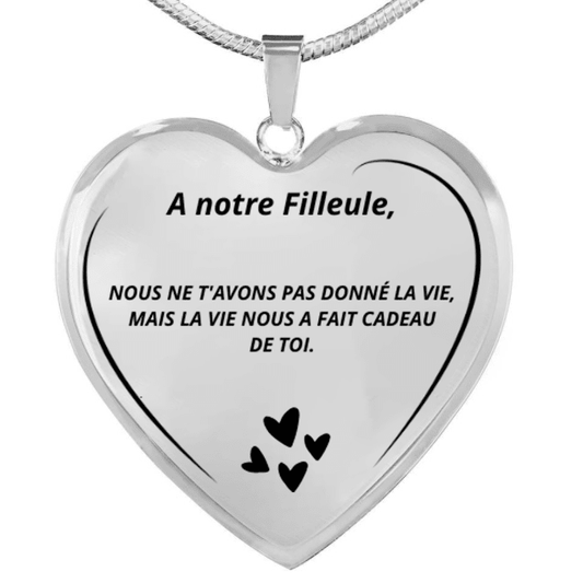 Collier pendentif cœur acier gravé « A notre Filleule » avec petits cœurs, chaîne maille ronde - Les Bijoux de Marilou