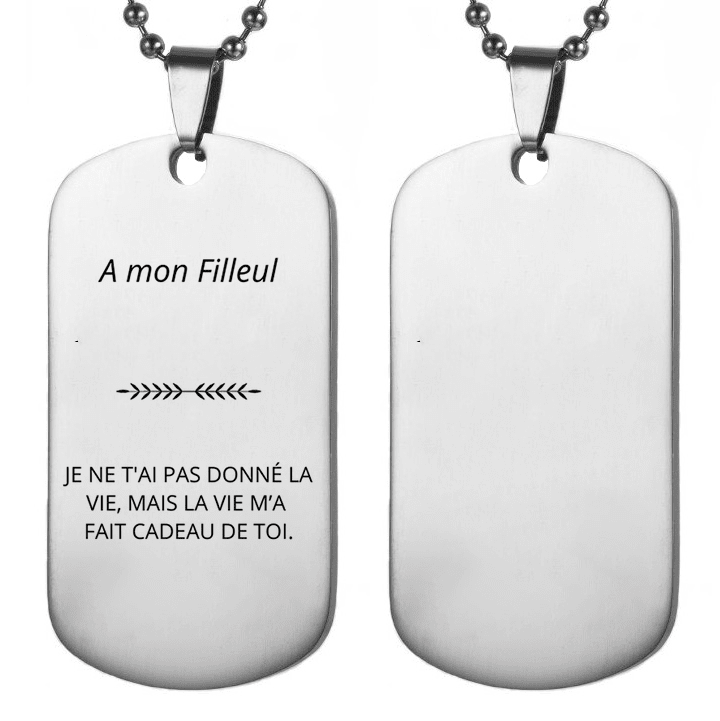 Collier filleul plaque militaire version « A mon Filleul », seconde prise de vue recto gravé et verso vierge à personnaliser