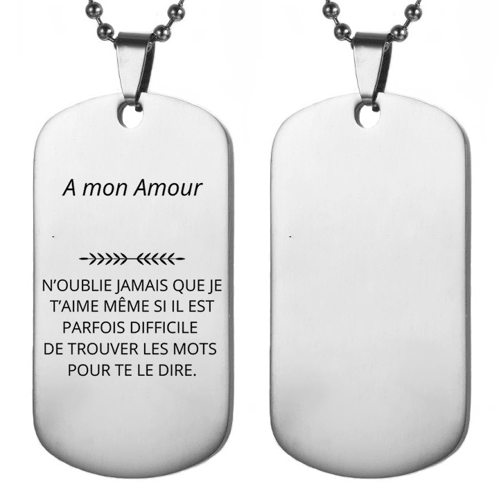 Collier gourmette homme A mon Amour, plaque en acier inoxydable, verso - Les Bijoux de Marilou