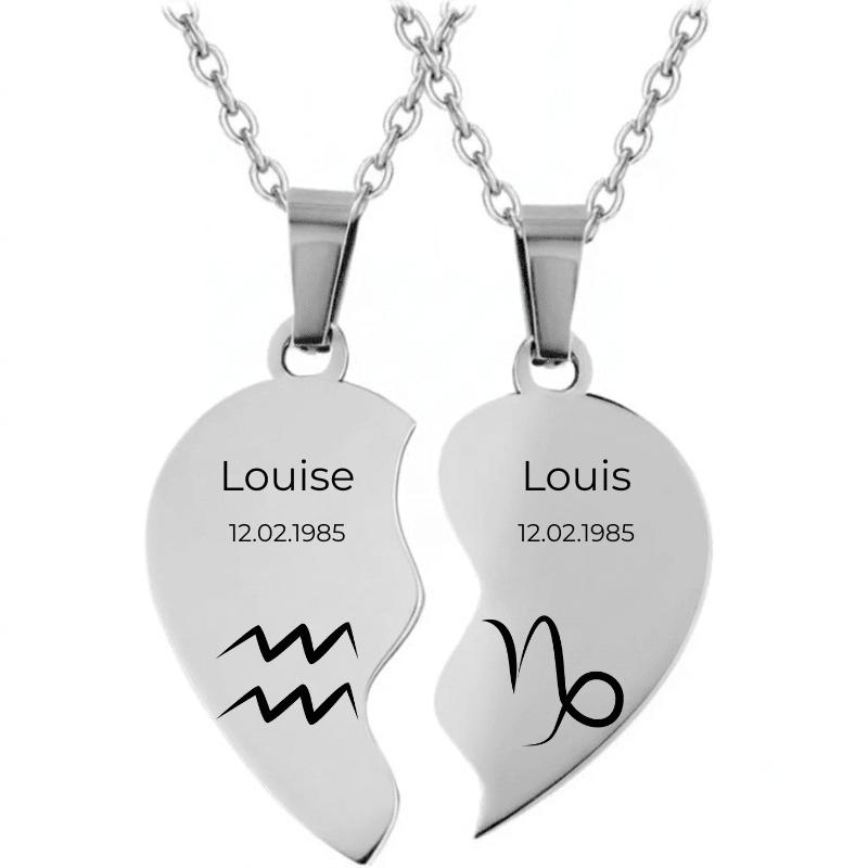 Collier duo cœur brisé gravé signe astrologique compatibilité, prénoms Louise et Louis, exemple de personnalisation