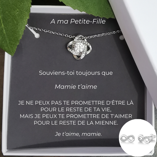Parure collier trèfle petite-fille et boucles d'oreilles infinies — carte Mamie