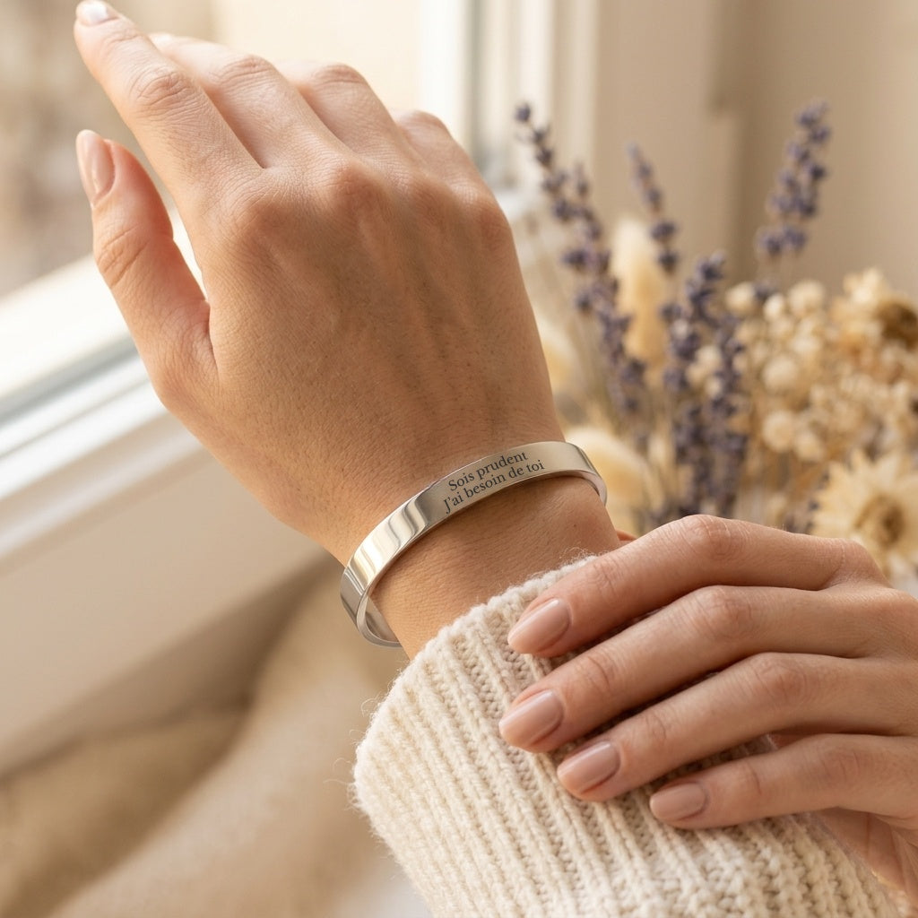 Bracelet Jonc gravé Sois prudent, J'ai besoin de toi porté au poignet - Les Bijoux de Marilou