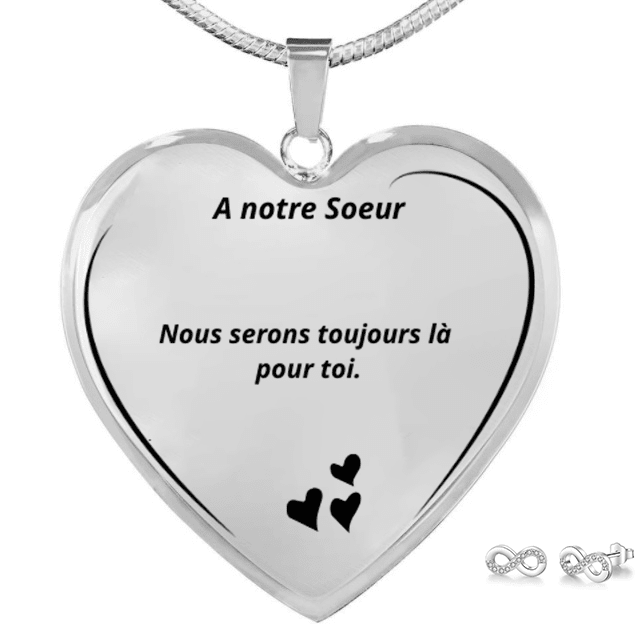 Parure collier cœur A notre Sœur gravé boucles d'oreilles offertes