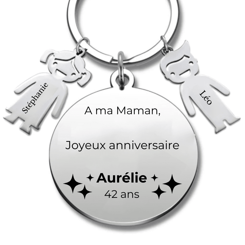Porte-clé maman joyeux anniversaire gravé : médaille A ma Maman avec prénom et âge, breloques prénoms enfants Stéphanie et Léo