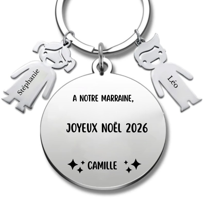 Porte-clé marraine Noël gravé « A notre marraine » avec le prénom Zoé, version offerte à plusieurs
