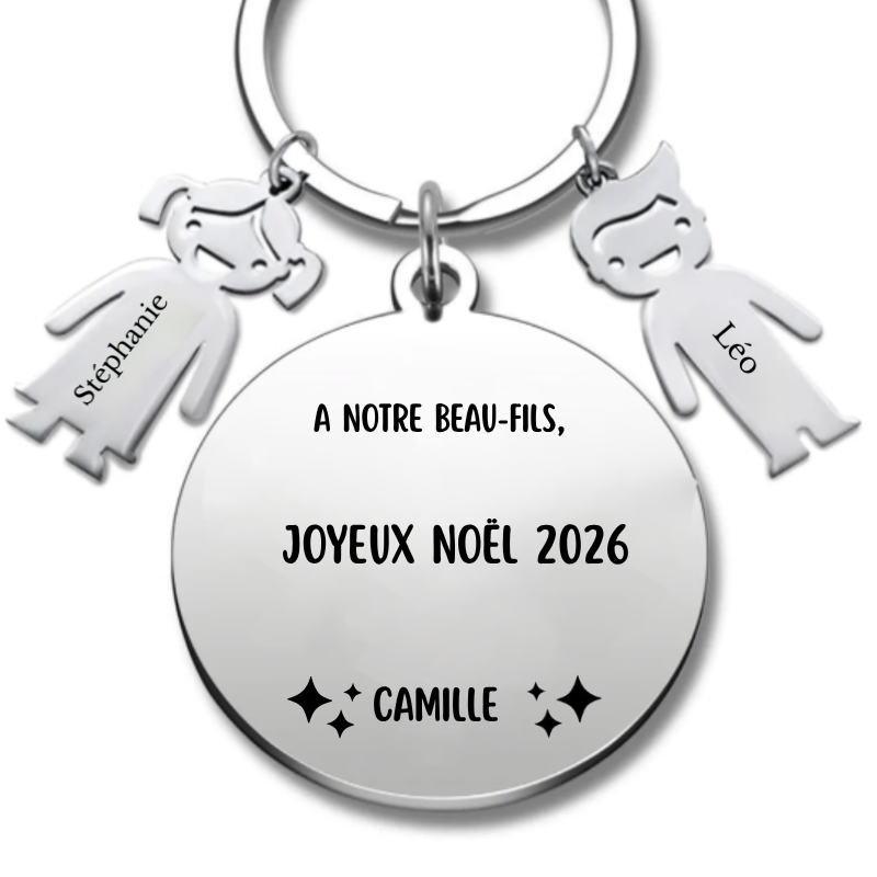 Porte-clé rond gravé 'À notre Beau-Fils, Joyeux Noël' avec prénom Lucas en breloque - Les Bijoux de Marilou