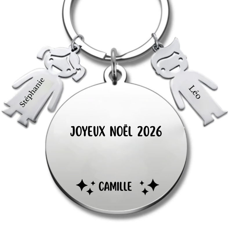 Porte-clé Joyeux Noël famille gravé « Joyeux Noël 2025 » et du prénom Zoé, avec deux breloques enfant