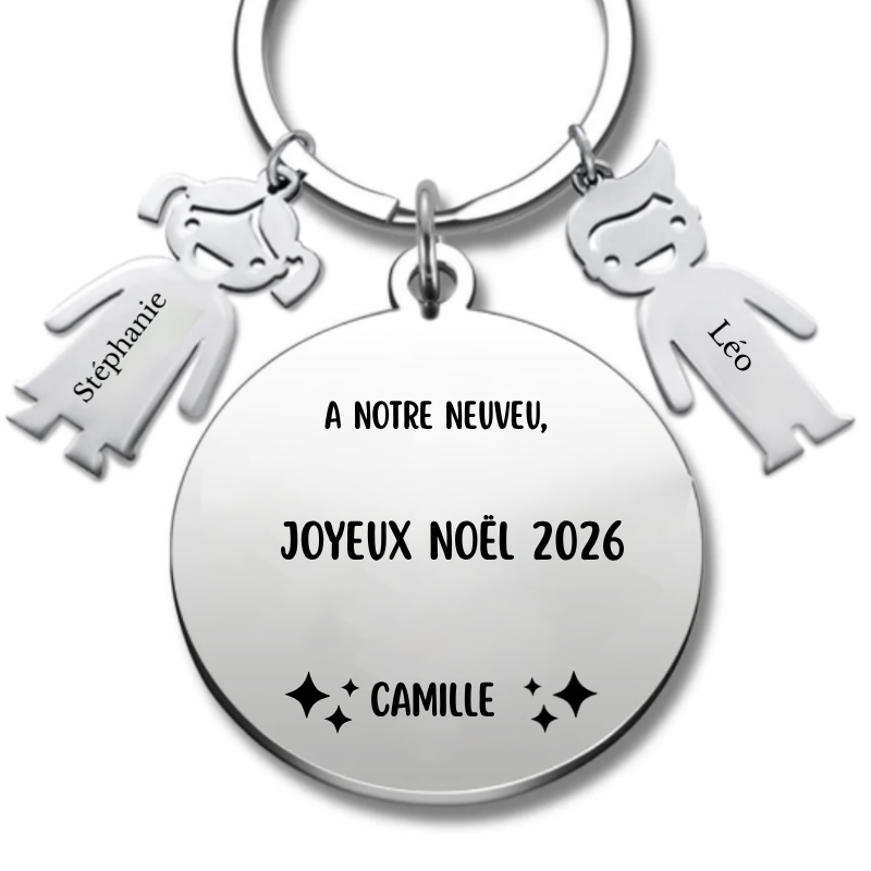 Porte-clé de Noël gravé «A notre Neveu, Joyeux Noël 2025», variante à offrir à plusieurs, prénom démo Lucas
