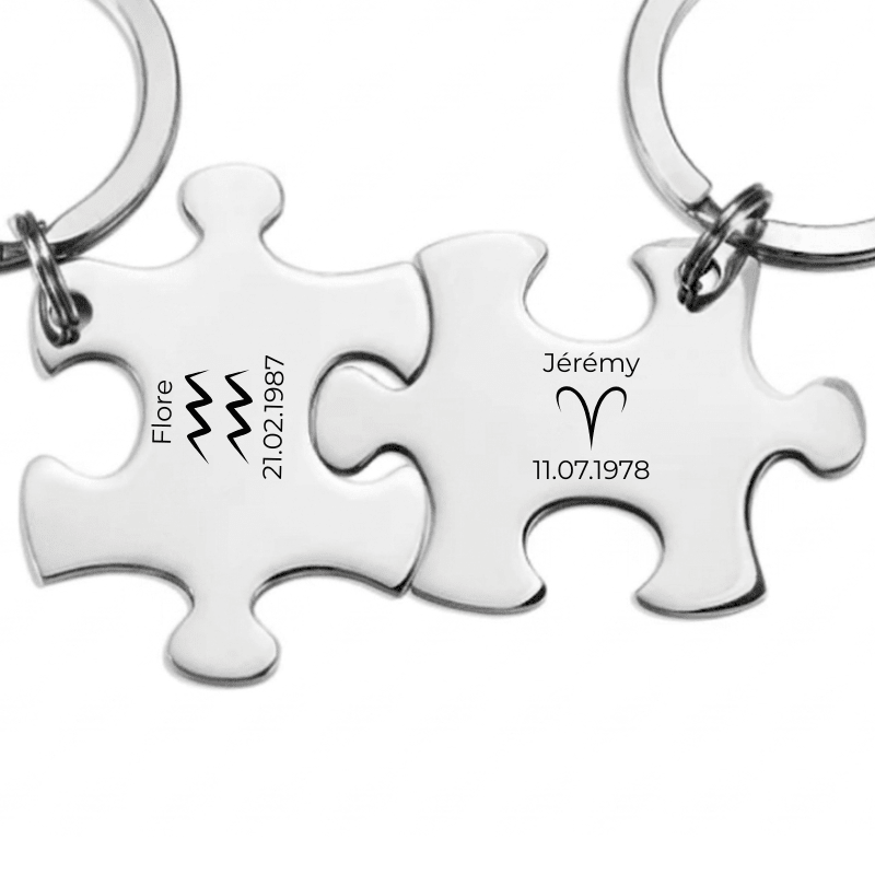 Duo de porte-clés puzzle gravés avec deux prénoms, deux signes astrologiques et leurs dates de naissance