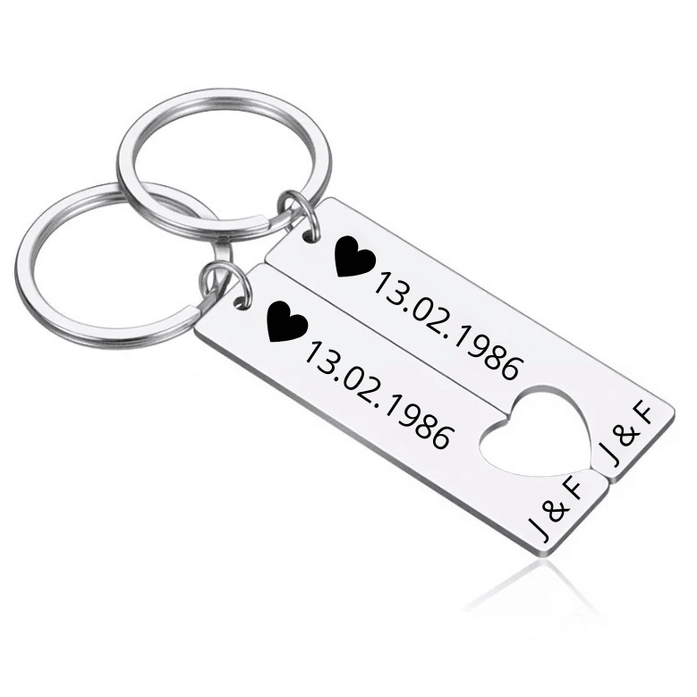 Porte-clé couple gravé de deux initiales et de la date de rencontre 13.02.1986 - Les Bijoux de Marilou