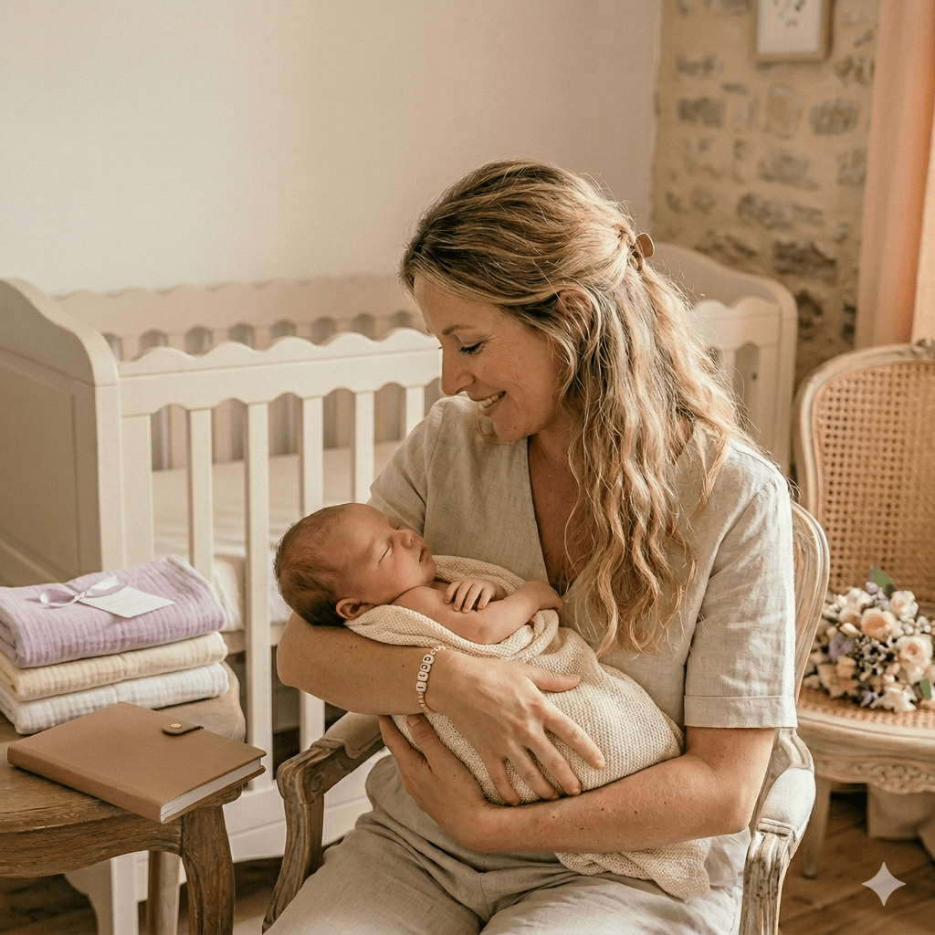 Cadeau naissance : collier, bracelet et porte-clé gravés en acier inoxydable au prénom et à la date de naissance du bébé, personnalisés dans l'atelier parisien Les Bijoux de Marilou