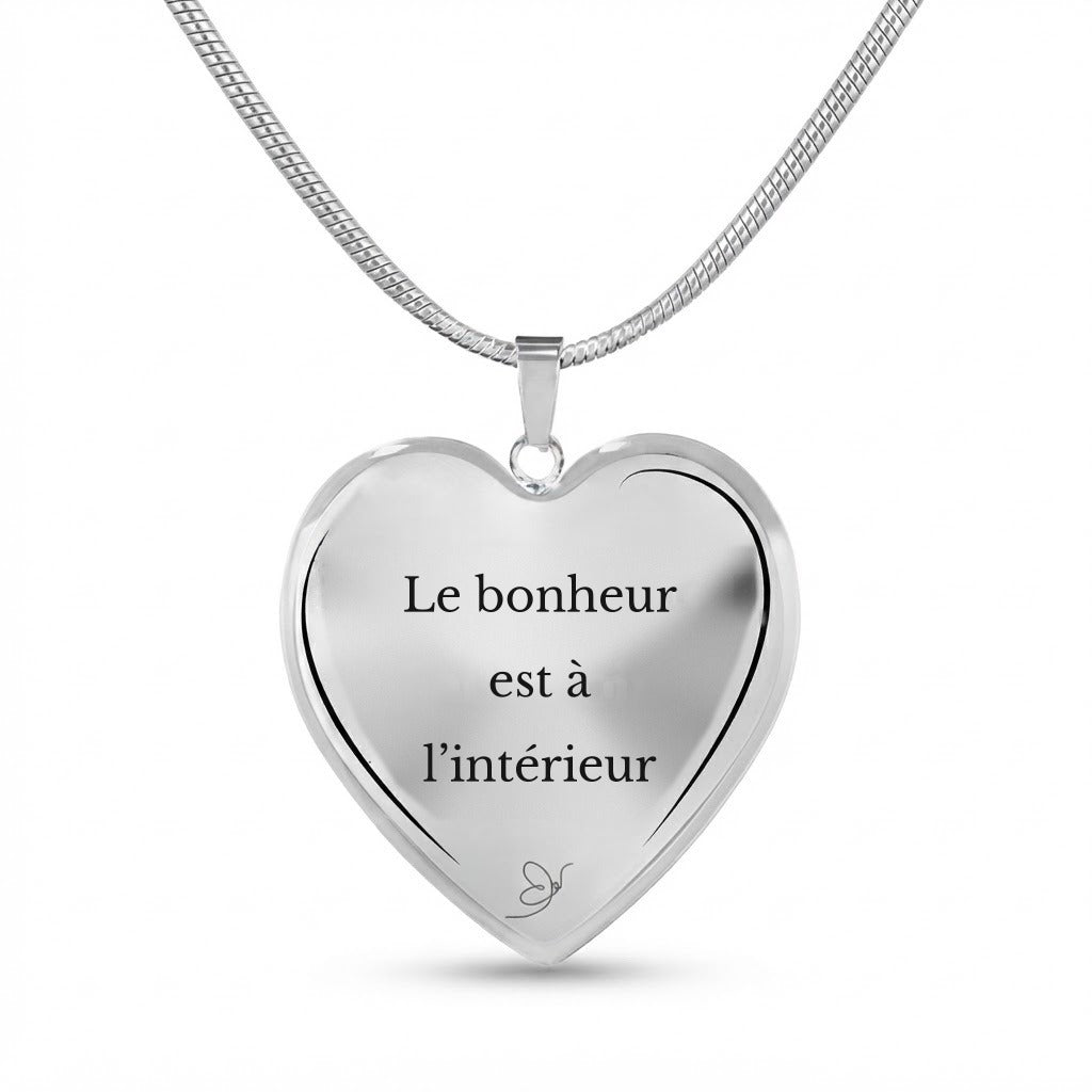 Collier cœur gravé Le bonheur est à l’intérieur sur fond blanc - Les Bijoux de Marilou
