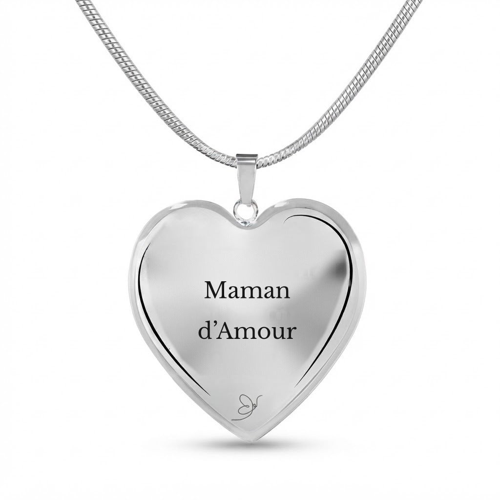 Collier cœur gravé Maman d’Amour sur fond blanc - Les Bijoux de Marilou
