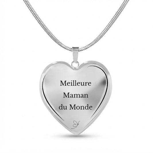 Collier cœur gravé Meilleure Maman du Monde sur fond blanc - Les Bijoux de Marilou