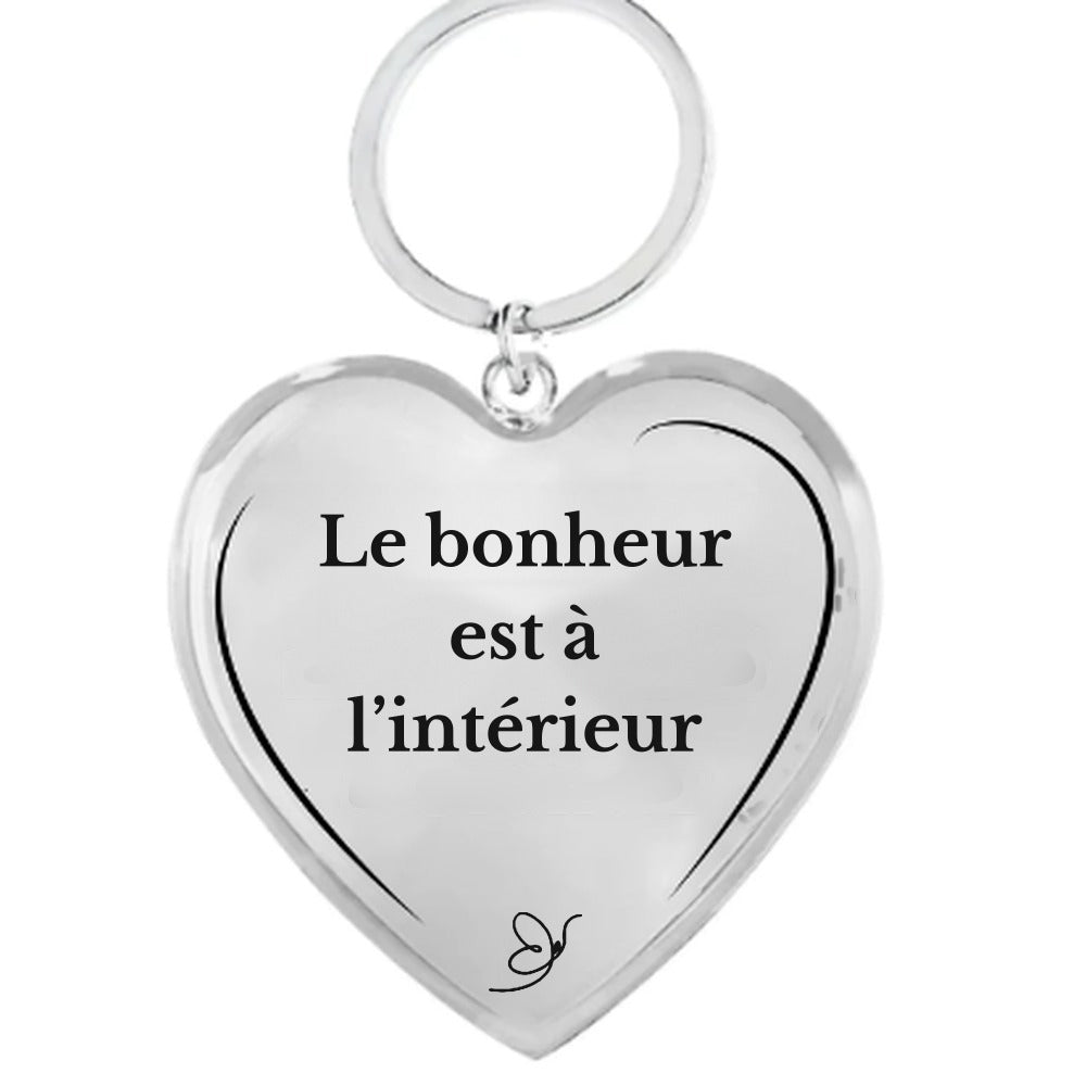 Porte-clé cœur gravé Le bonheur est à l’intérieur sur fond blanc - Les Bijoux de Marilou