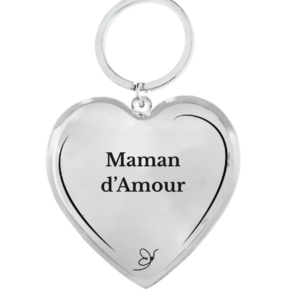 Porte-clé cœur gravé Maman d’Amour sur fond blanc - Les Bijoux de Marilou
