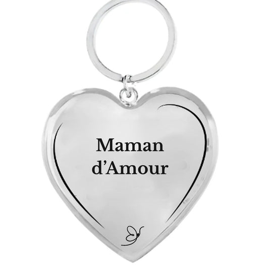 Porte-clé cœur gravé Maman d’Amour sur fond blanc - Les Bijoux de Marilou