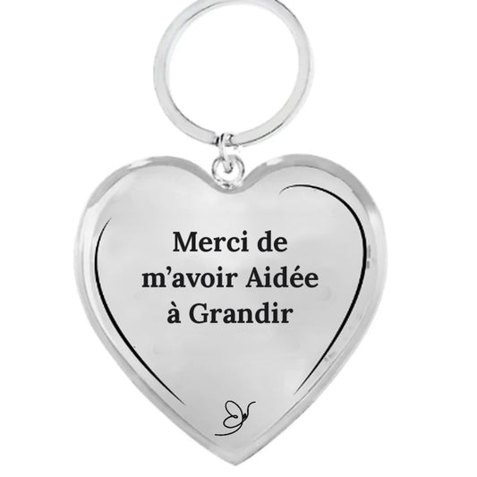 Porte-clé cœur gravé Merci de m'avoir Aidée à Grandir sur fond blanc - Les Bijoux de Marilou