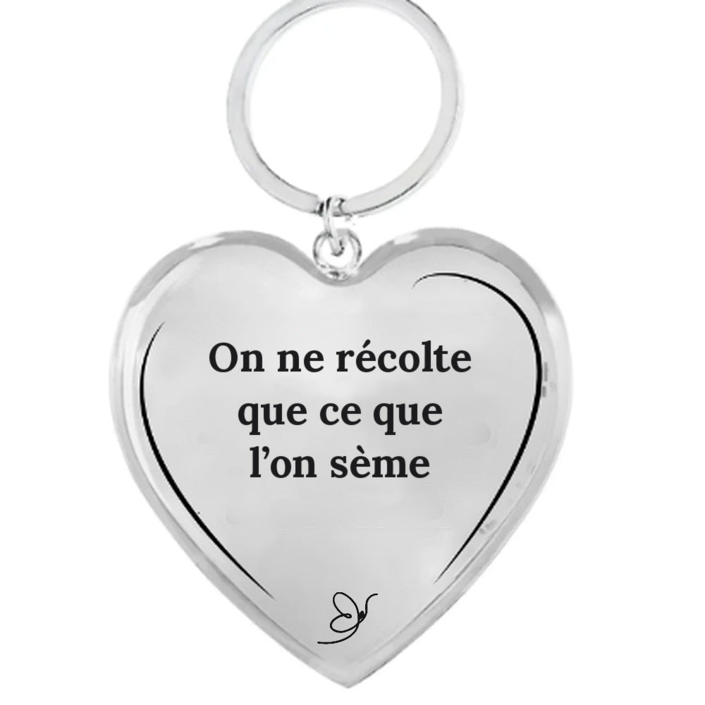 Porte-Clé Cœur gravé On ne récolte que ce que l'on sème sur fond blanc - Les Bijoux de Marilou