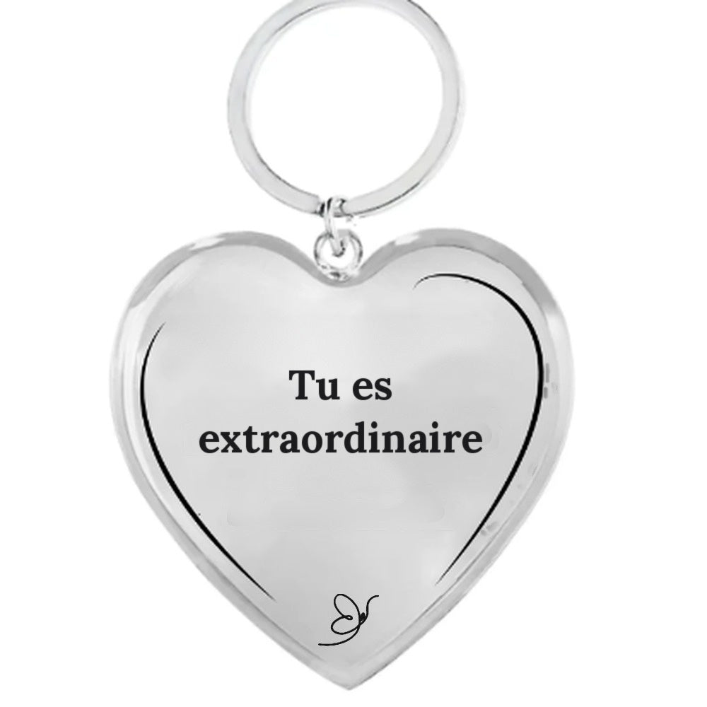 Porte-Clé Cœur gravé Tu es extraordinaire sur fond blanc - Les Bijoux de Marilou