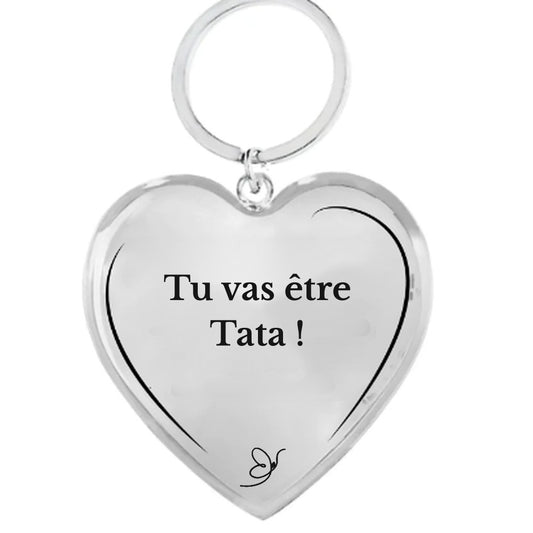 Porte-clé cœur gravé Tu vas être Tata ! sur fond blanc - Les Bijoux de Marilou
