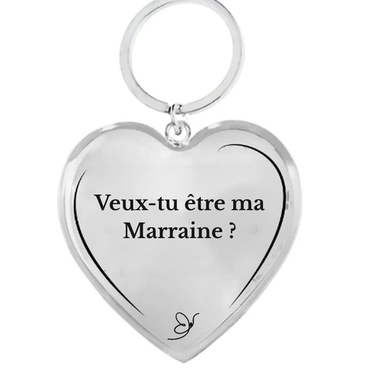 Porte-clé cœur gravé Veux-tu être ma Marraine ? sur fond blanc - Les Bijoux de Marilou