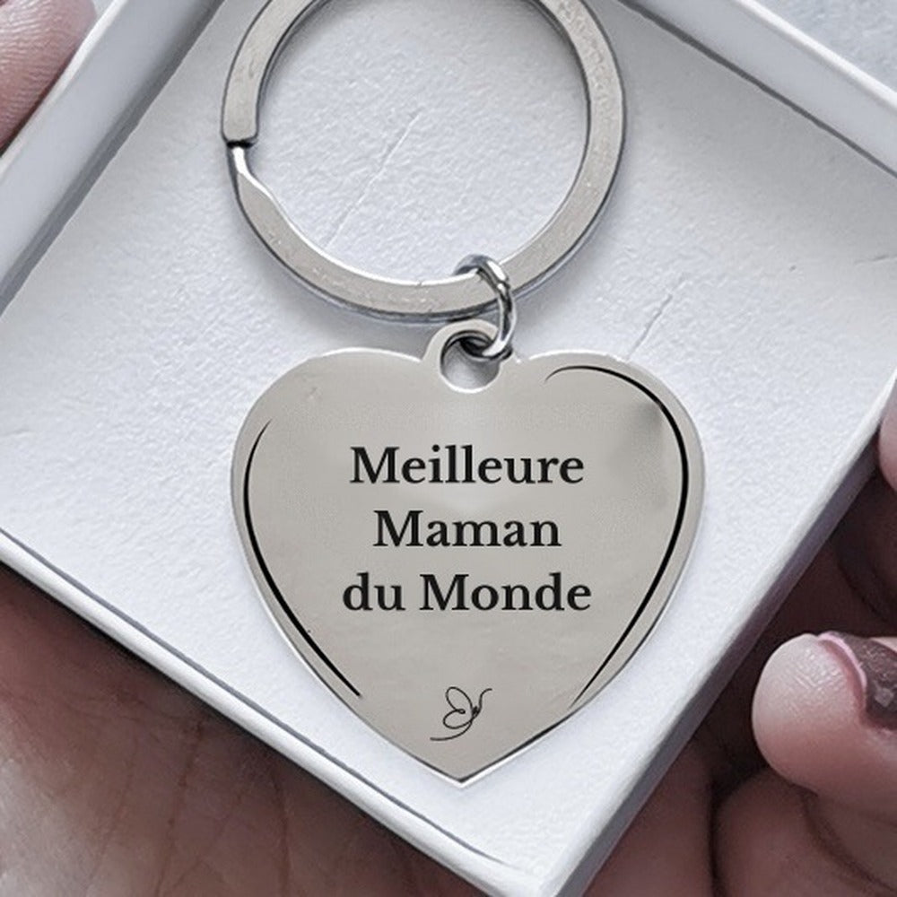 Porte-clé cœur Meilleure Maman du Monde gravé dans son écrin - Les Bijoux de Marilou