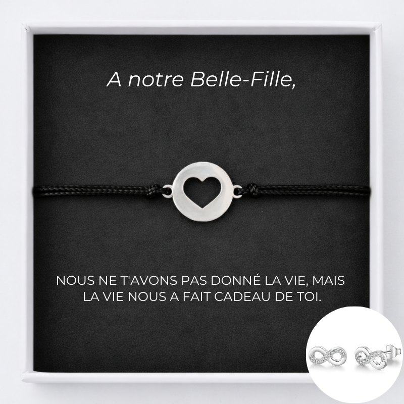 Bracelet A notre Belle-Fille Ajustable  Coeur Ouvert personnalisé + la Carte Belle-Fille personnalisée + Boucles d'Oreilles assorties 