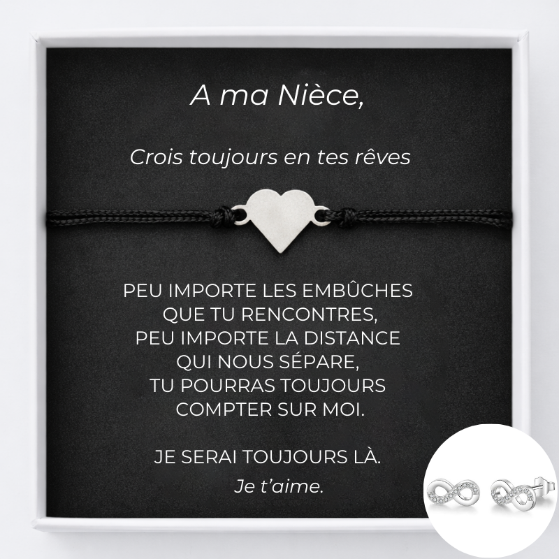 Bracelet Nièce Ajustable Coeur Personnalisé + la Carte Nièce + Boucles d'Oreilles assorties