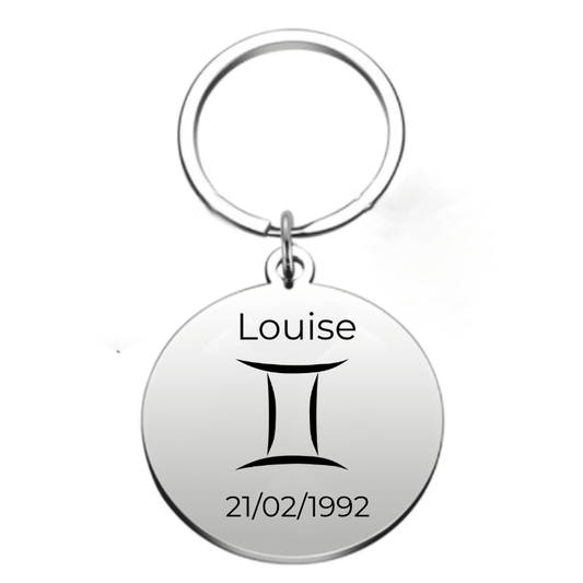 Porte-clé Gémeaux personnalisé gravé au prénom et à la date de naissance - Les Bijoux de Marilou