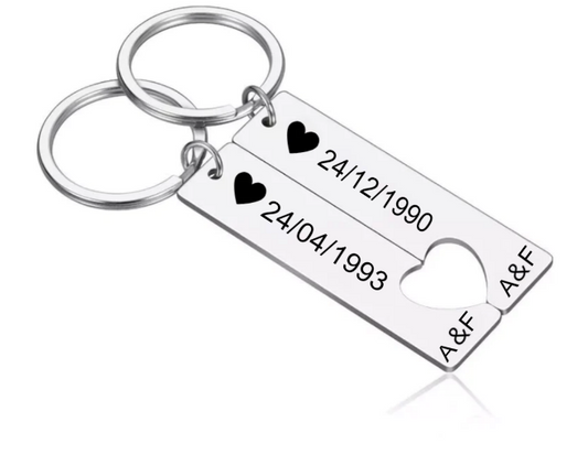 Duo de porte-clés meilleure amie gravé avec initiales A&F et dates de rencontre, exemple de personnalisation