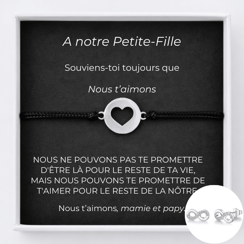 Parure A notre Petite-Fille : bracelet cœur ouvert et boucles d'oreilles infinies assorties