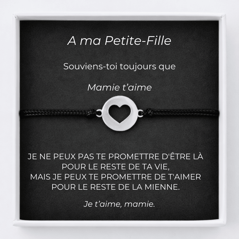 Bracelet A ma Petite-Fille cœur ouvert ajustable sur carte Mamie « Souviens-toi toujours que Mamie t'aime »