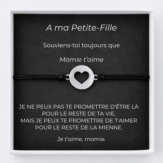 Bracelet A ma Petite-Fille cœur ouvert ajustable sur carte Mamie « Souviens-toi toujours que Mamie t'aime »