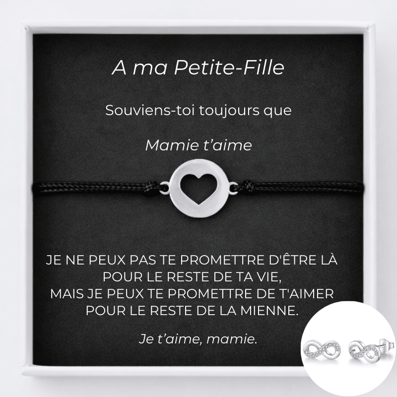 Parure A ma Petite-Fille version Mamie : bracelet cœur ouvert et boucles d'oreilles infinies assorties