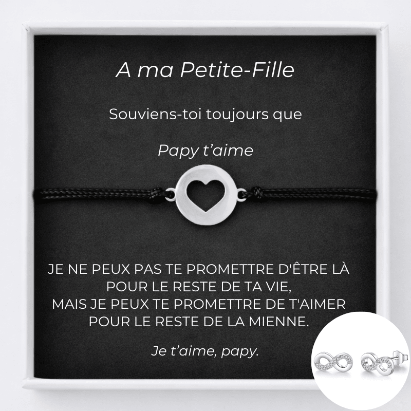Parure A ma Petite-Fille version Papy : bracelet cœur ouvert et boucles d'oreilles infinies assorties