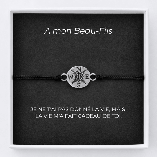 Bracelet cordon beau-fils charm rose des vents Contre Vents et Marées, carte A mon Beau-Fils