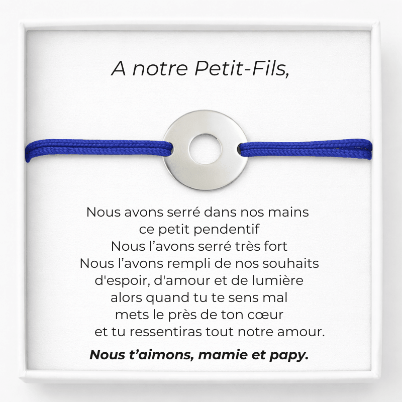 Bracelet cordon bleu petit-fils, carte A notre Petit-Fils de Mamie et Papy - Les Bijoux de Marilou
