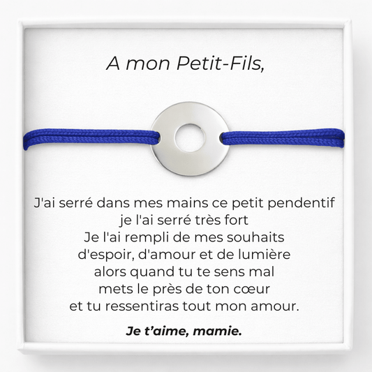 Bracelet cordon bleu petit-fils, rondelle acier gravée d'un prénom, carte poème A mon Petit-Fils signée Mamie