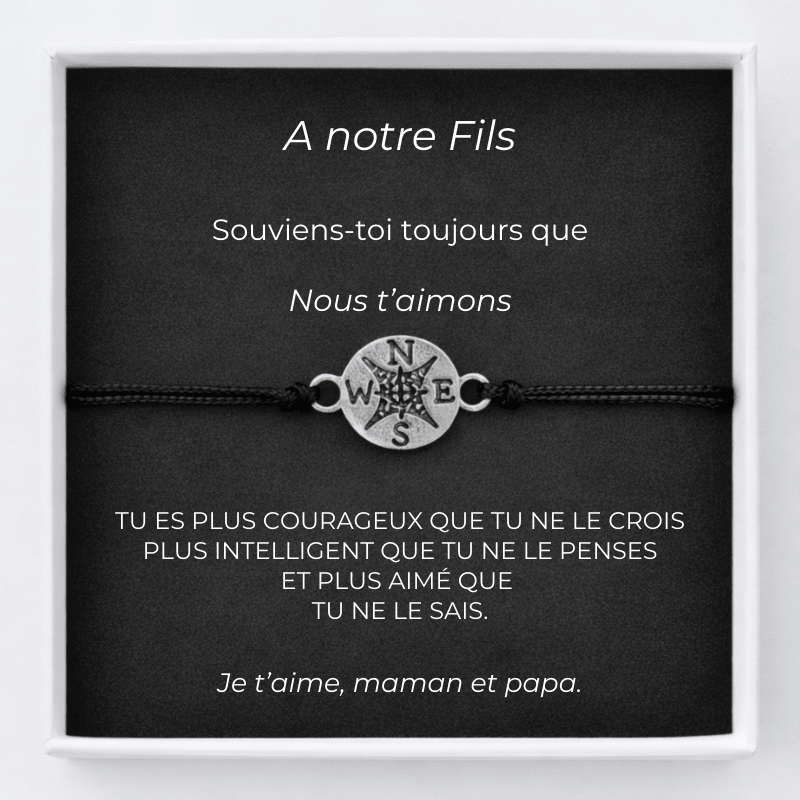 Bracelet pour notre fils : cordon ajustable et médaillon rose des vents, carte - Les Bijoux de Marilou